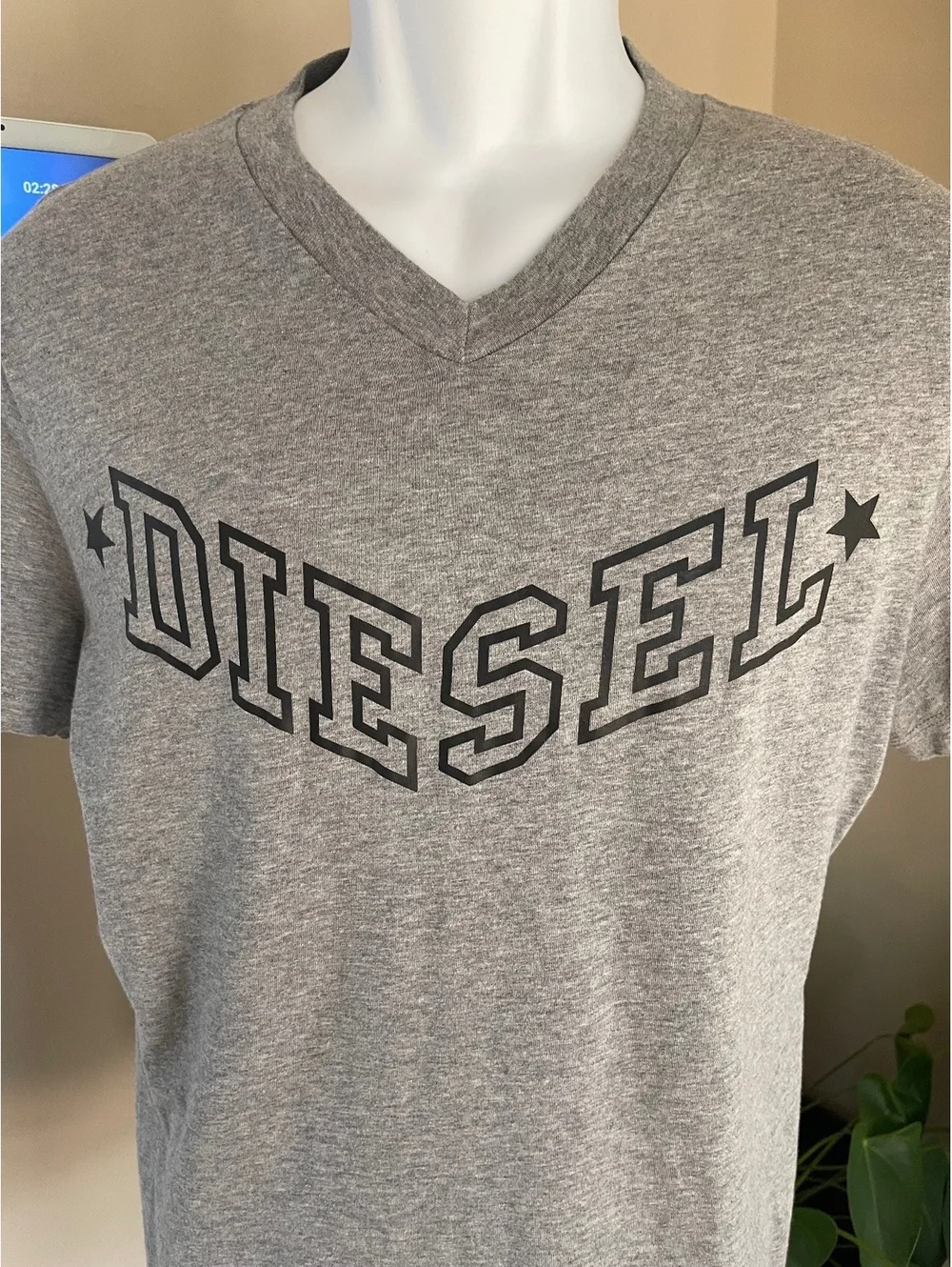 Diesel Men's Grey V-Neck T-Shirt with Logo Print